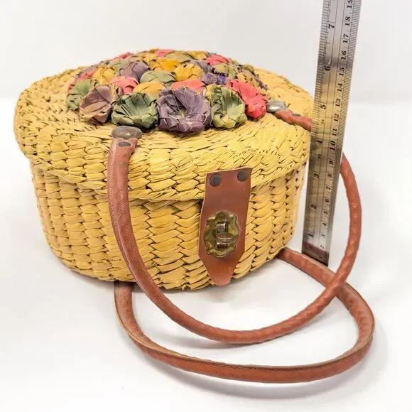 Vintage Woven Straw Sewing Basket Floral Lid Leather Handle Round Boho Bag - Picture 11 of 11